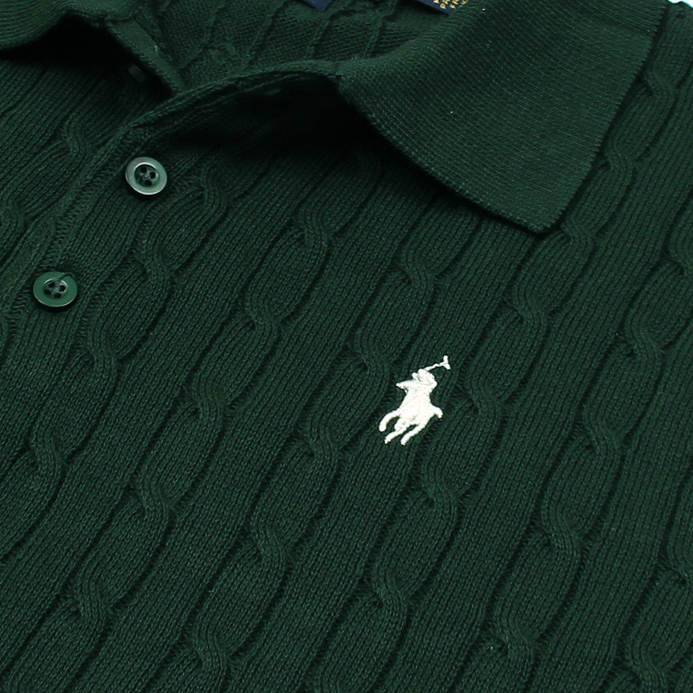 Clas Clothing Premium Cotton Cable Knit Button Polo Shirt Dark Green